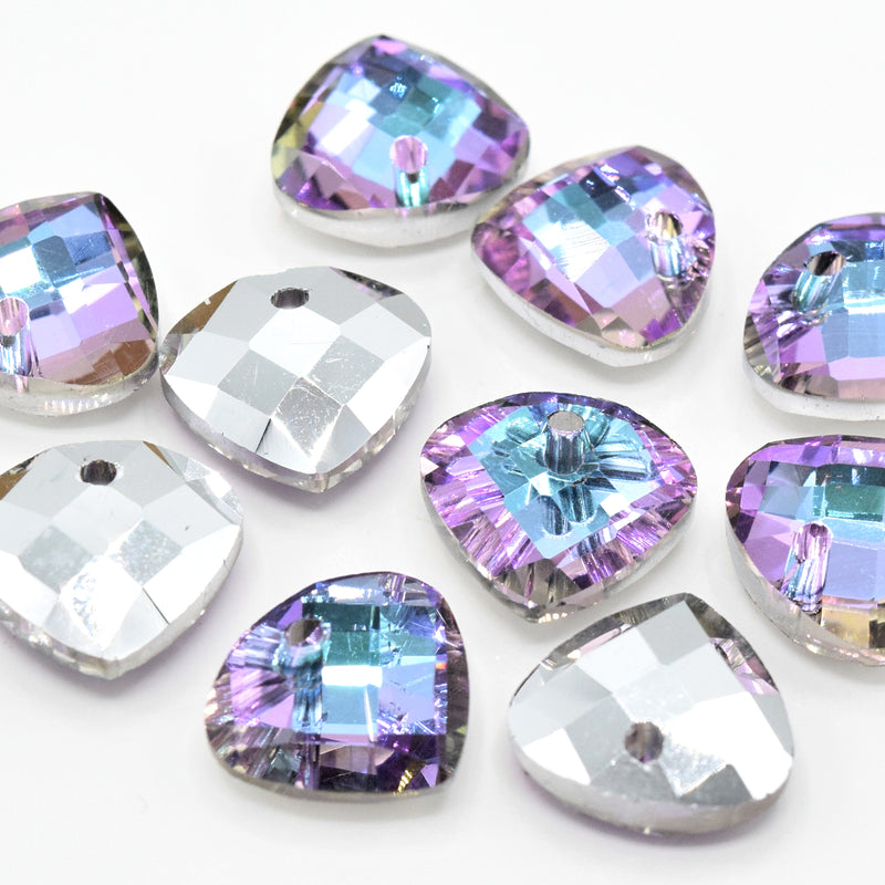 10 x Faceted Glass Diamond Pendants Silver Plated 14mm - Lilac / Blue