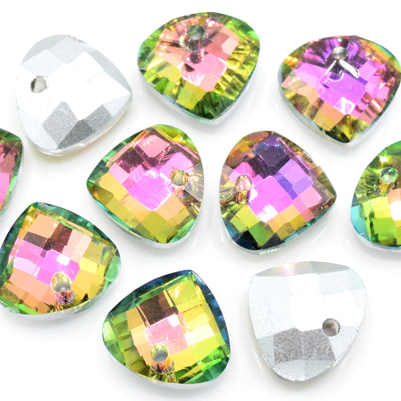 10 x Faceted Glass Diamond Pendants Silver Plated 14mm - Pink / Green