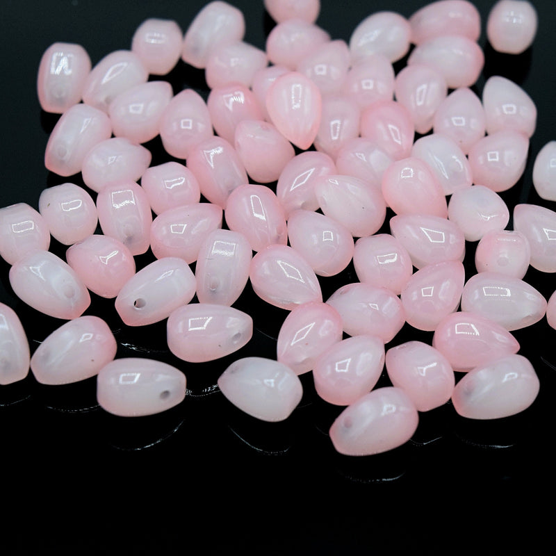 50 x Smooth Flat Edge Glass Teardrop Pendant Beads 9x6mm - Opaque Pink
