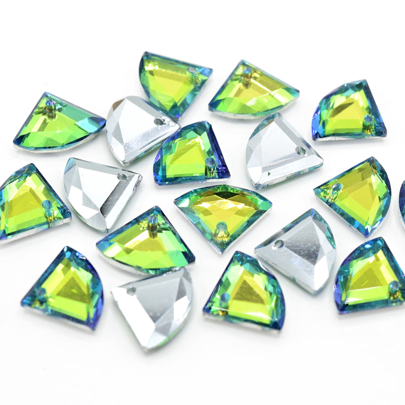 20 x Faceted Glass Fan Pendants Silver Plated 12x10mm - Green / Blue