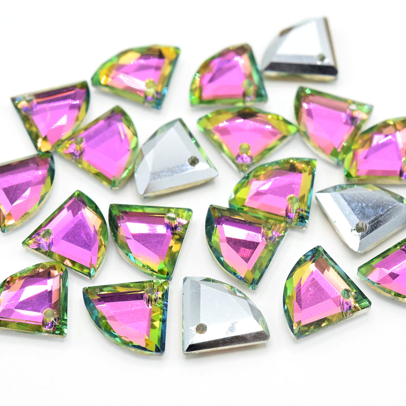 20 x Faceted Glass Fan Pendants Silver Plated 12x10mm - Pink / Green