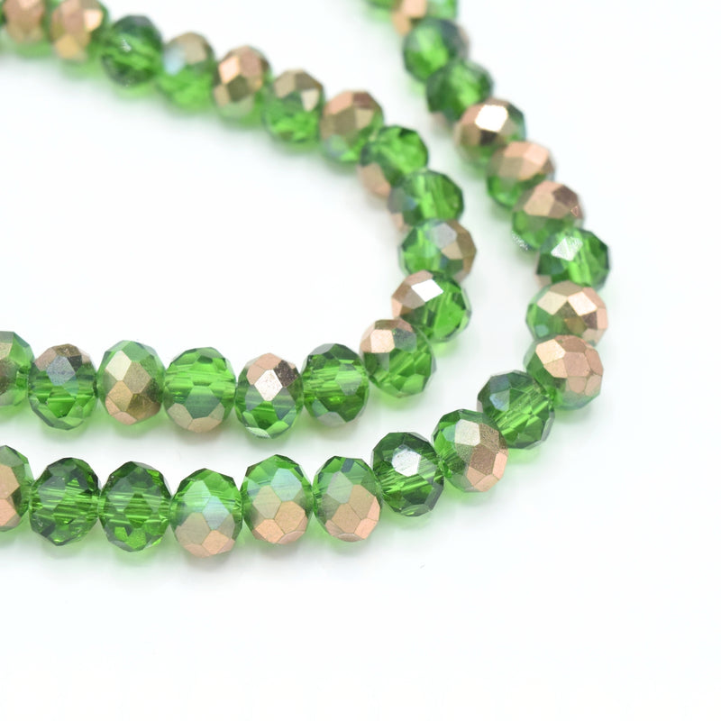 175 x Faceted Rondelle Glass Beads 6x4mm - Fern Green / Metallic Copper