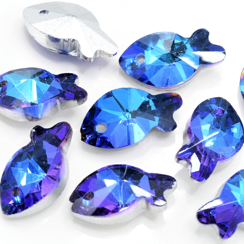 10 x Faceted Glass Fish Pendants Silver Plated 17mm - Blue / Purple