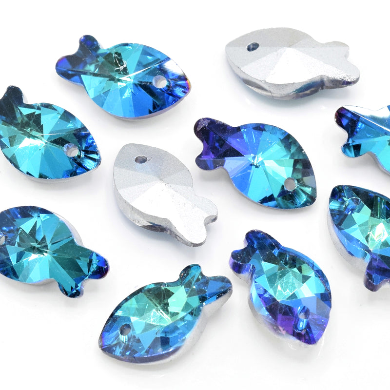 10 x Faceted Glass Fish Pendants Silver Plated 17mm - Green / Blue