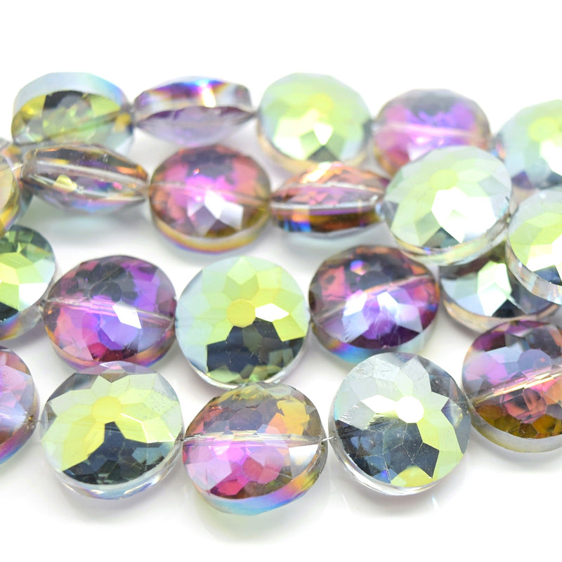 STAR BEADS: 5 x Flat Round Faceted Glass Beads 18x8mm - Grey / Metallic Green - Round Beads