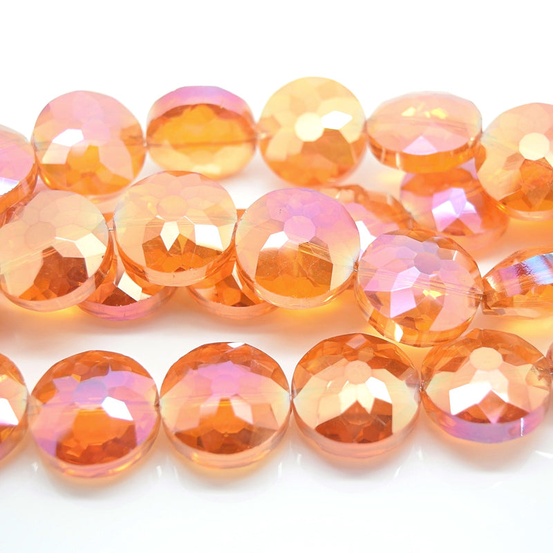 STAR BEADS: 5 x Flat Round Faceted Glass Beads 18x8mm - Orange AB - Round Beads