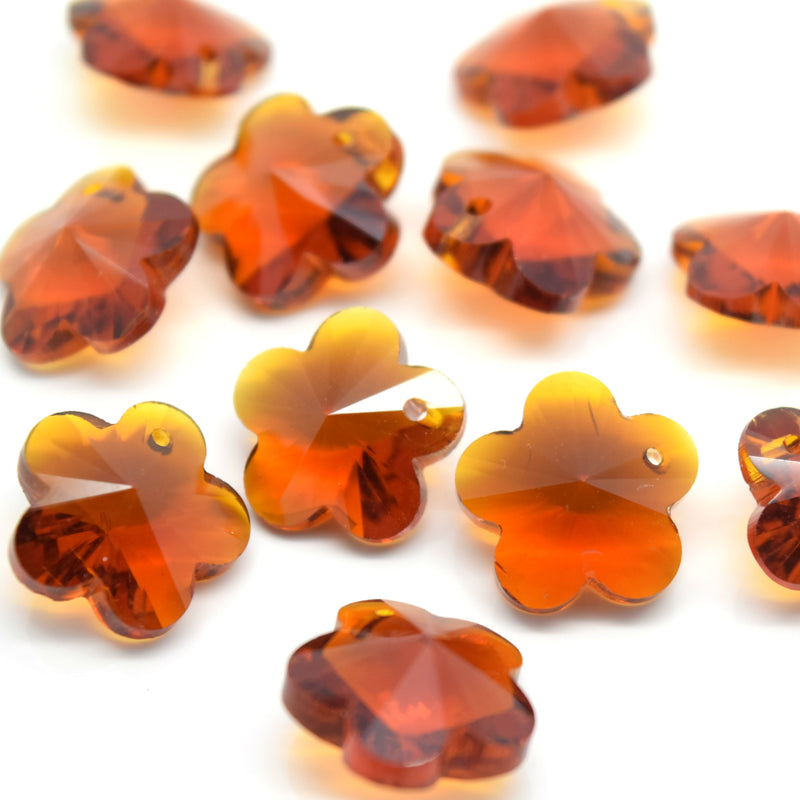 STAR BEADS: 10 x Faceted Glass Flower Pendants 14mm - Amber - Pendants