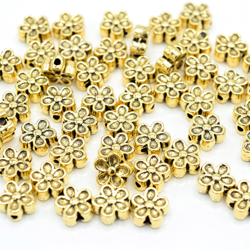 50 x Brass Alloy Flower Beads 7x7x3.5mm - Antique Gold