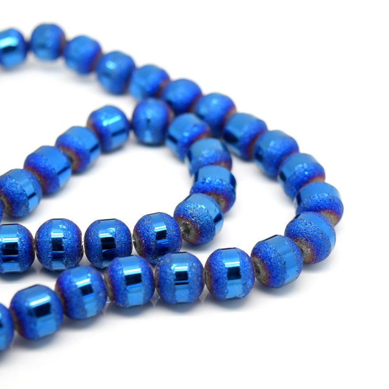 STAR BEADS: 70 x Round Electroplated Frosted Glass Beads 8x9mm - Metallic Blue - Round Beads