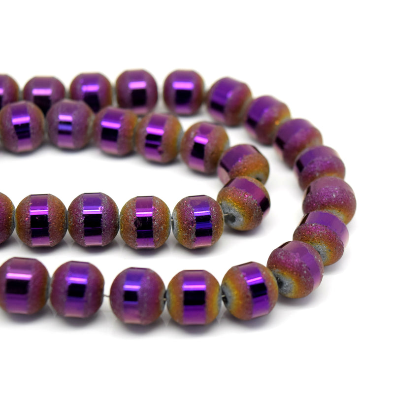 STAR BEADS: 70 x Round Electroplated Frosted Glass Beads 8x9mm - Metallic Purple - Round Beads