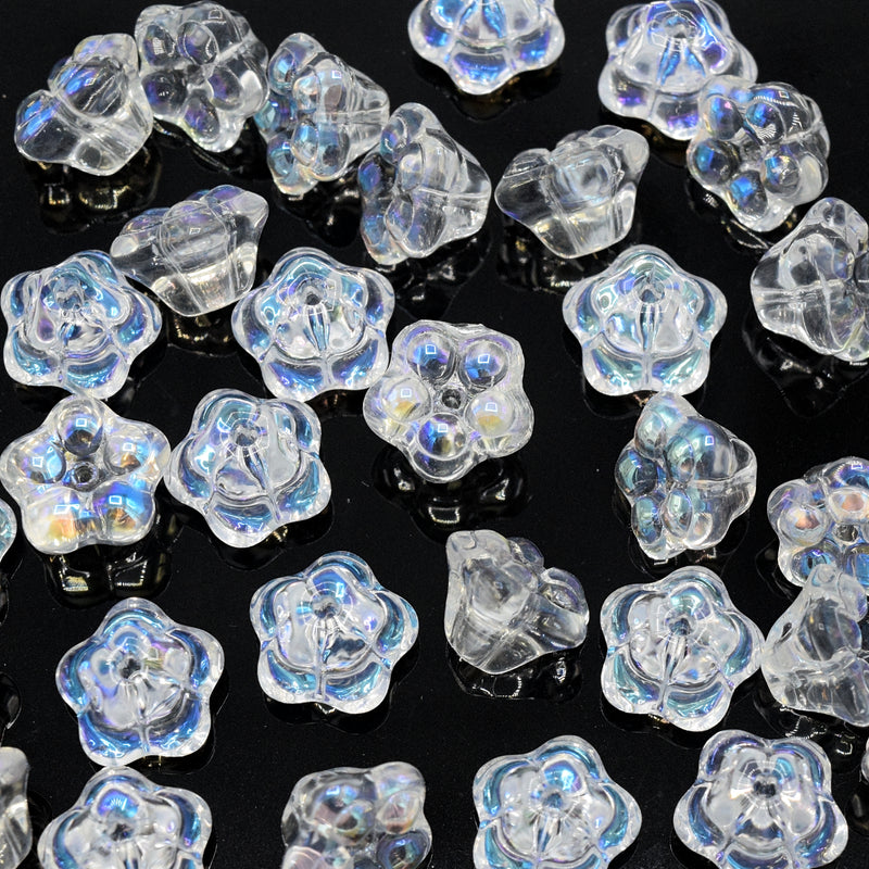 40 x Glass Bell Flower Clear AB Plated Beads 10x10x7mm