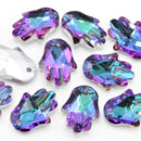 10 x Faceted Glass Hamsa Pendants Silver Plated 18mm - Green / Purple