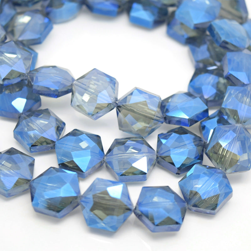 STAR BEADS: 10 x Hexagon Faceted Glass Beads 15x15x7mm - Grey / Metallic Blue - Hexagon Beads