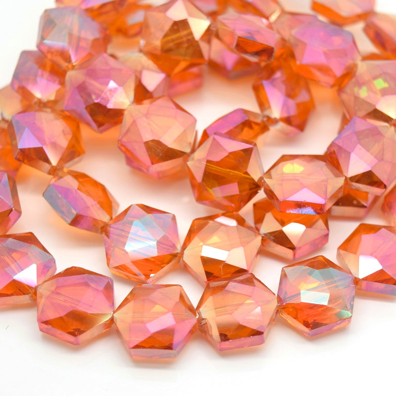 STAR BEADS: 10 x Hexagon Faceted Glass Beads 15x15x7mm - Orange AB - Hexagon Beads