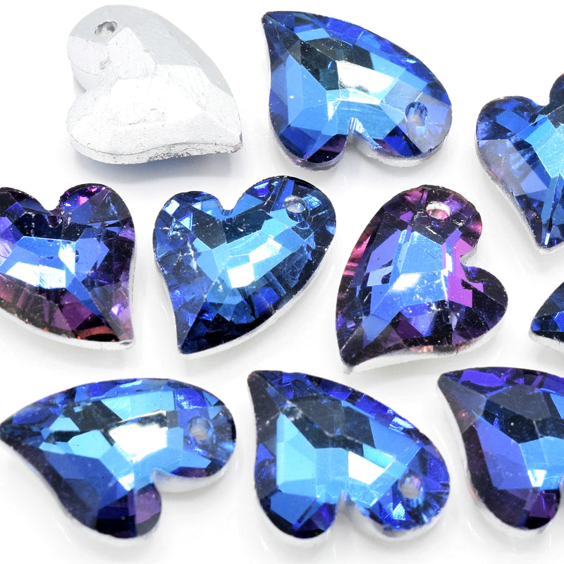 10 x Faceted Glass Heart Pendants Silver Plated 14x12mm - Blue / Purple