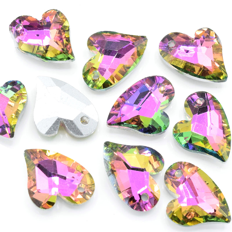 10 x Faceted Glass Heart Pendants Silver Plated 14x12mm - Pink / Green