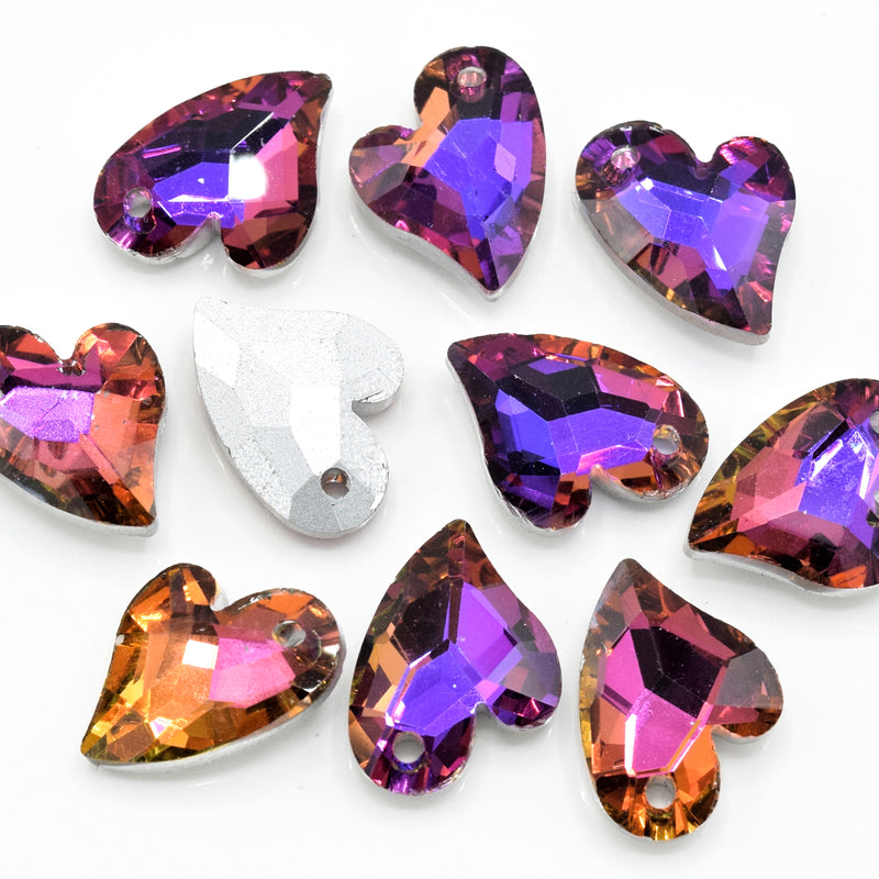10 x Faceted Glass Heart Pendants Silver Plated 14x12mm - Pink / Purple