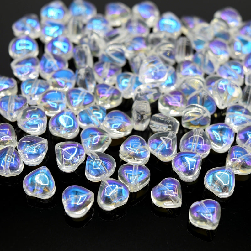 50 x Smooth Glass Heart Clear AB Plated Beads 6x6x4mm