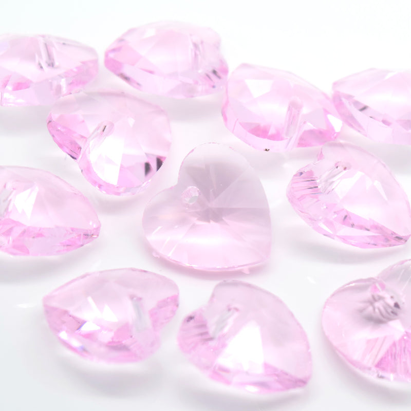 STAR BEADS: 10 x Faceted Glass Heart Pendants 14mm - Pink - Pendants