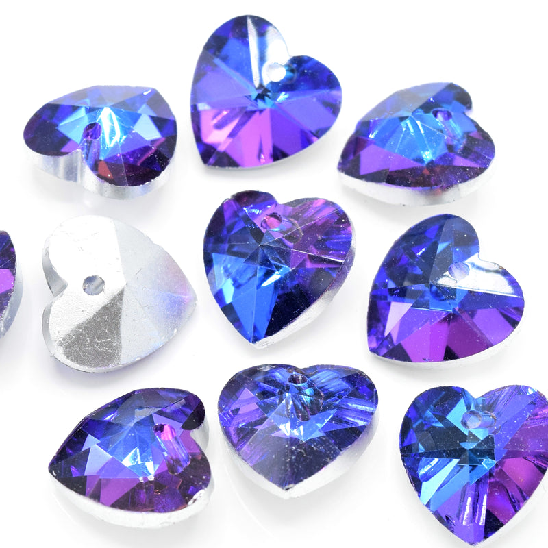 10 x Faceted Glass Heart Pendants Silver Plated 14mm - Blue / Purple