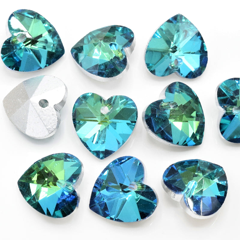 10 x Faceted Glass Heart Pendants Silver Plated 14mm - Green / Blue