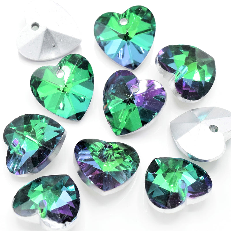 10 x Faceted Glass Heart Pendants Silver Plated 14mm - Green / Purple