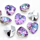 10 x Faceted Glass Heart Pendants Silver Plated 14mm - Lilac / Blue
