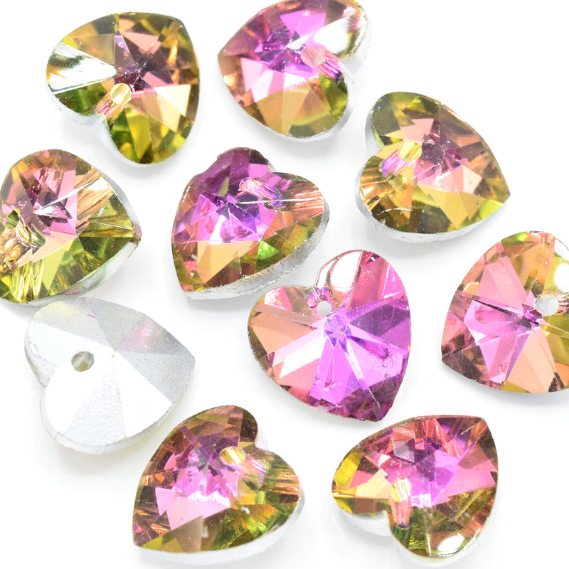 10 x Faceted Glass Heart Pendants Silver Plated 14mm - Pink / Green