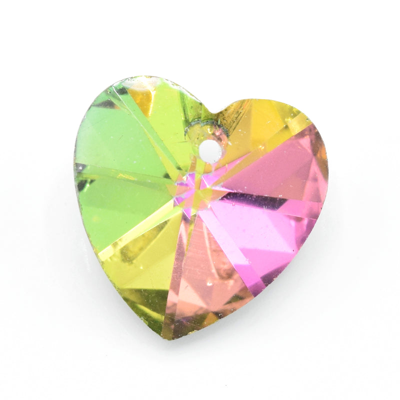 10 x Faceted Glass Heart Pendants Silver Plated 14mm - Pink / Green