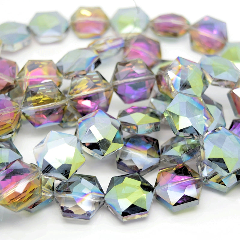 STAR BEADS: 10 x Hexagon Faceted Glass Beads 15x15x7mm - Grey / Metallic Green - Hexagon Beads