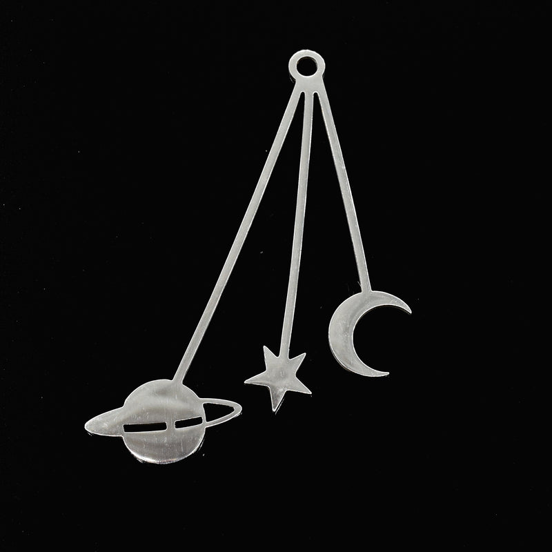 2 x Ion Plated Stainless Steel Pendants Moon, Star, Planet 42x31mm - Silver