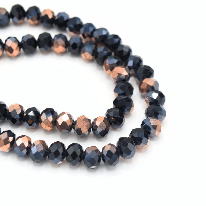 175 x Faceted Rondelle Glass Beads 6x4mm - Jet / Metallic Copper
