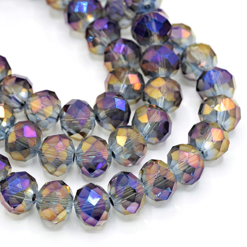 Faceted Rondelle Glass Beads - Grey / Metallic Purple