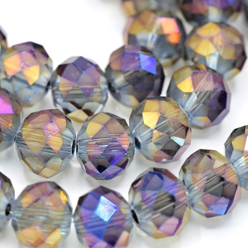 Faceted Rondelle Glass Beads - Grey / Metallic Purple