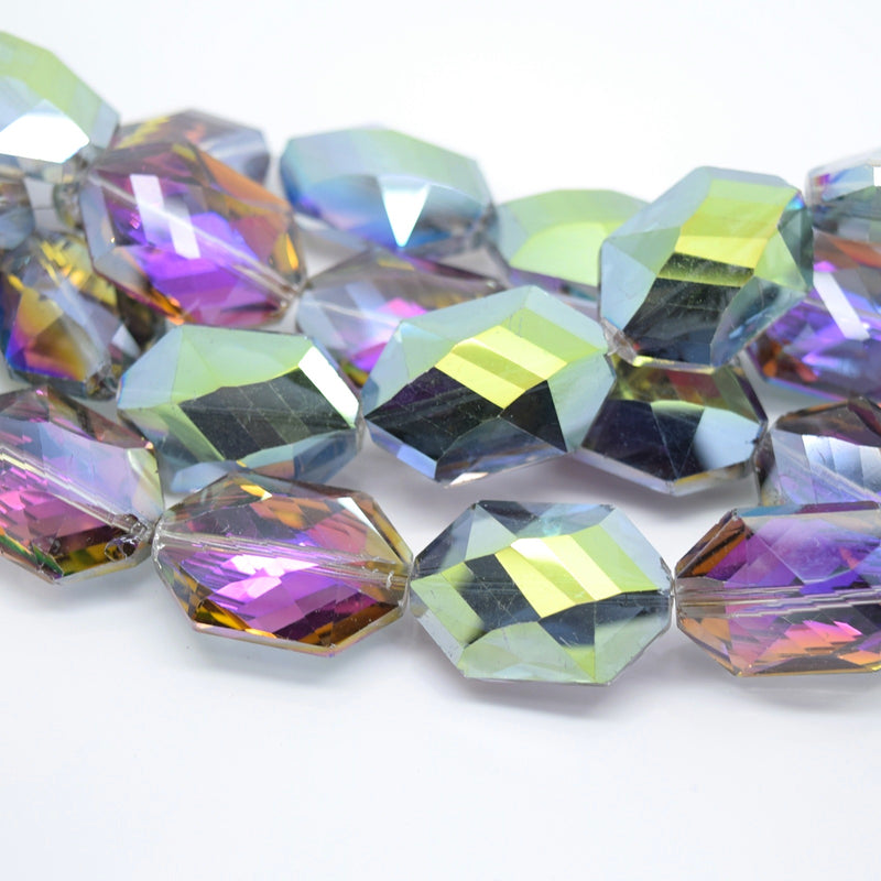 STAR BEADS: 5 x Octagon Faceted Glass Beads 25x17x10mm - Grey / Metallic Green - Octagon Beads