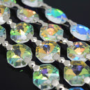 STAR BEADS: 1 Metre Octagon Glass Bead Chain 14mm Clear AB - Silver Bowtie - Octagon Glass Beads