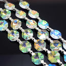 STAR BEADS: 1 Metre Octagon Glass Bead Chain 14mm Clear AB - Silver Bowtie - Octagon Glass Beads