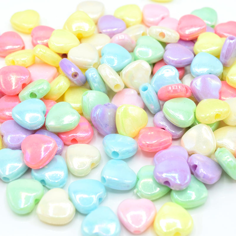 150 x Opaque Pastel AB Acrylic Heart Beads 11x11mm - Mixed