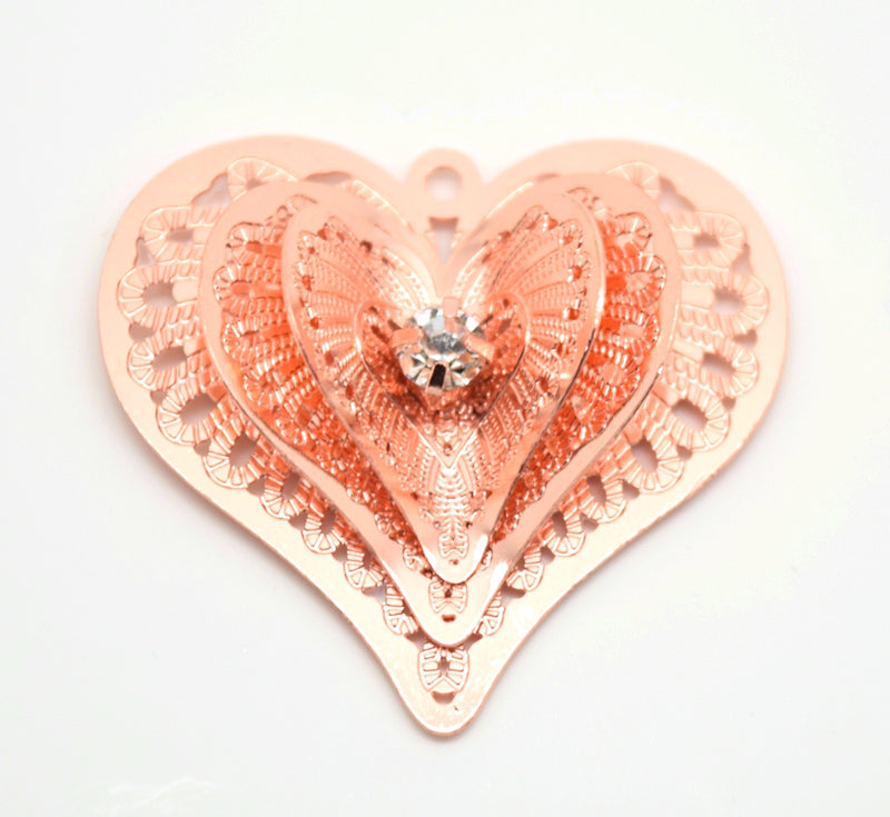 STAR BEADS: 2 x Filigree RGP Pendants With Rhinestones - Heart 3D 26x24mm - Jewellery Findings