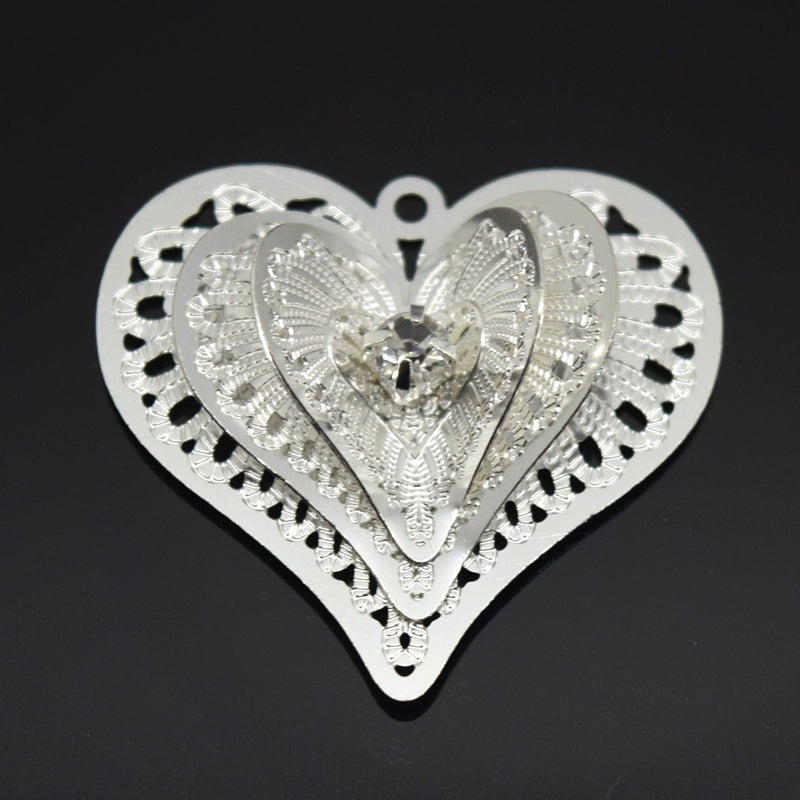 STAR BEADS: 2 x Filigree SP Pendants With Rhinestones - Heart 3D 26x24mm - Jewellery Findings