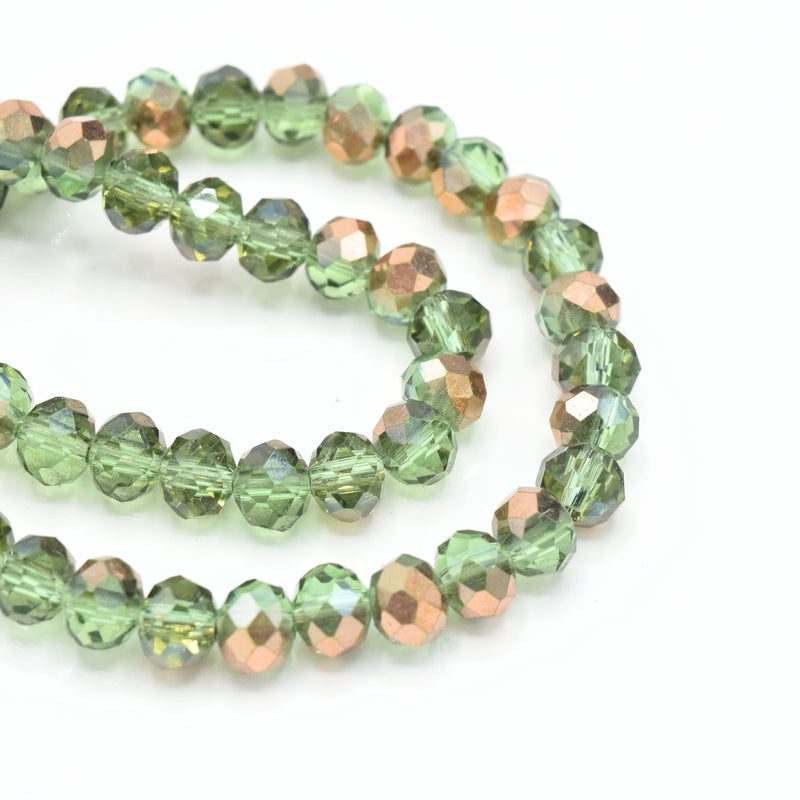 175 x Faceted Rondelle Glass Beads 6x4mm - Peridot / Metallic Copper