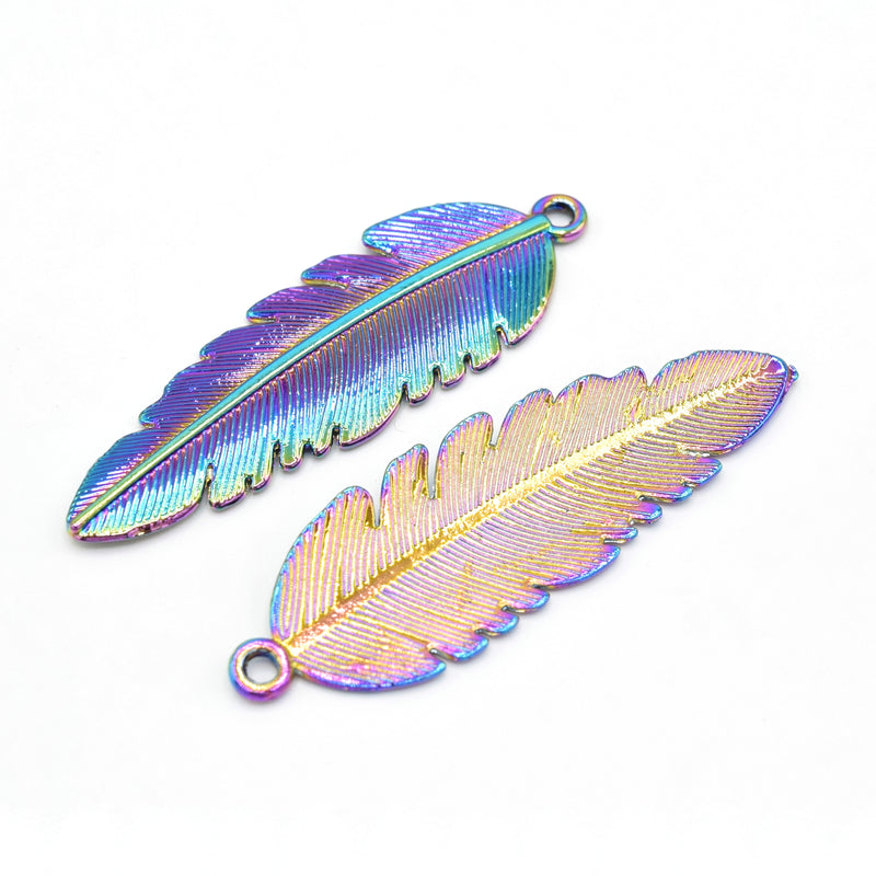 2 x Zinc Alloy Rainbow Plated Feather Pendants 44x14mm