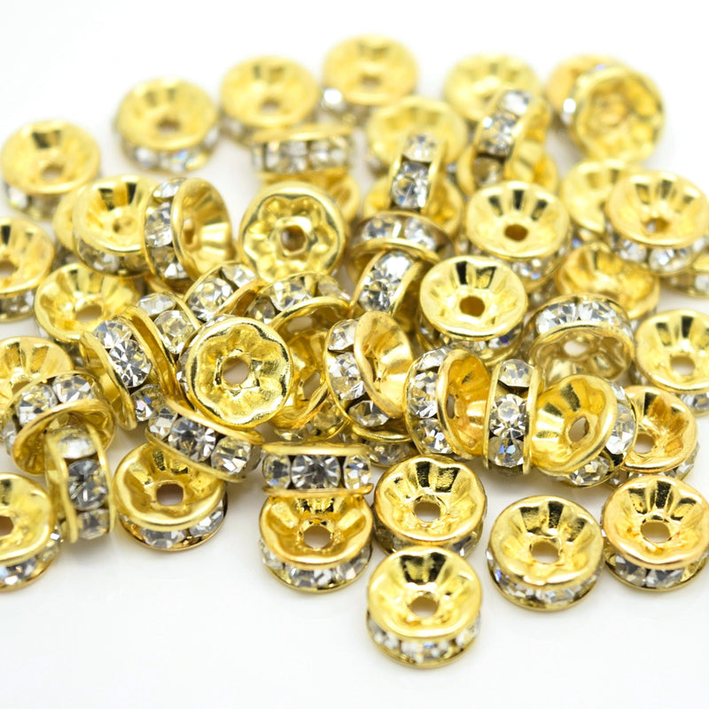 Glass Rhinestone Round Spacer Beads - Straight Edge / Gold Plated