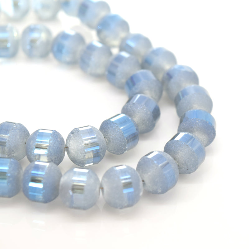 STAR BEADS: 70 x Round Electroplated Frosted Glass Beads 8x9mm - Marine Blue - Rondelle Beads