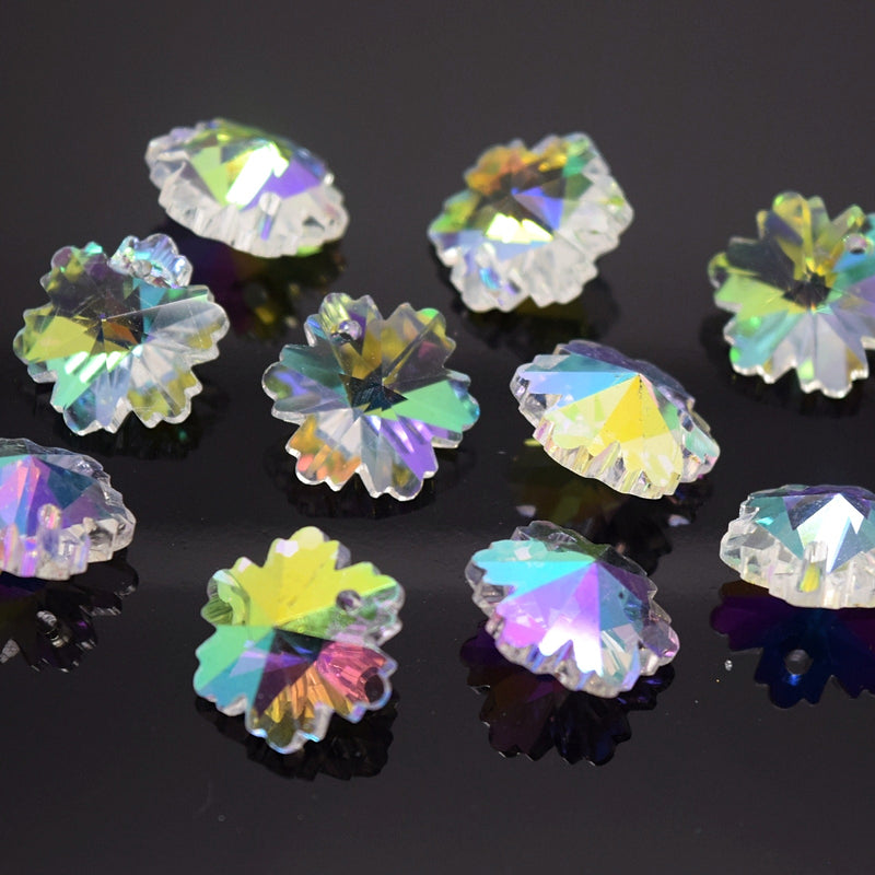 STAR BEADS: 10 x Faceted Glass Snowflake Pendants 14mm - Clear AB - Pendants