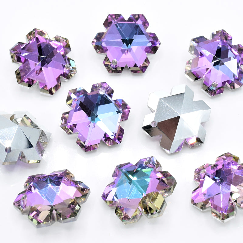 5 x Faceted Glass Snowflake Pendants Silver Plated 20mm - Lilac / Blue