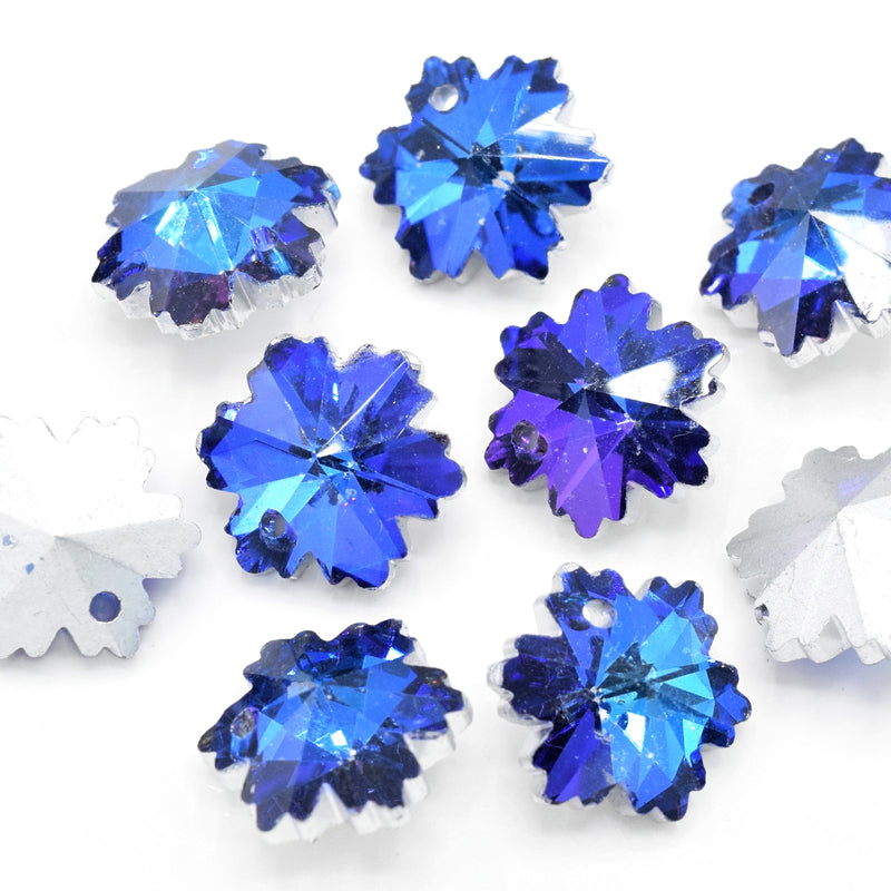 10 x Faceted Glass Snowflake Pendants Silver Plated 14mm - Blue / Purple