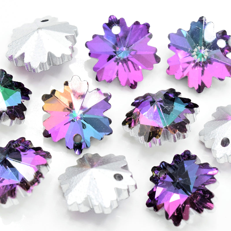 10 x Faceted Glass Snowflake Pendants Silver Plated 14mm - Green / Purple
