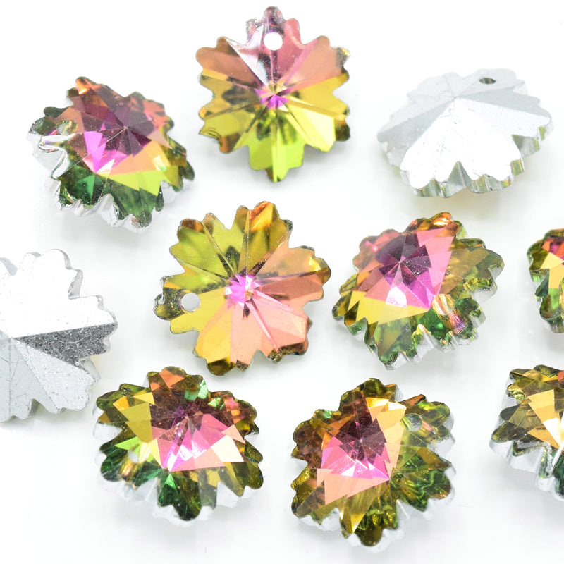 10 x Faceted Glass Snowflake Pendants Silver Plated 14mm - Pink / Green