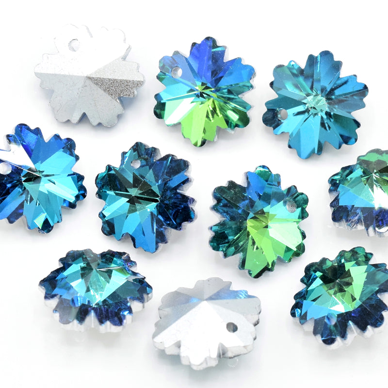 10 x Faceted Glass Snowflake Pendants Silver Plated 14mm - Green / Blue